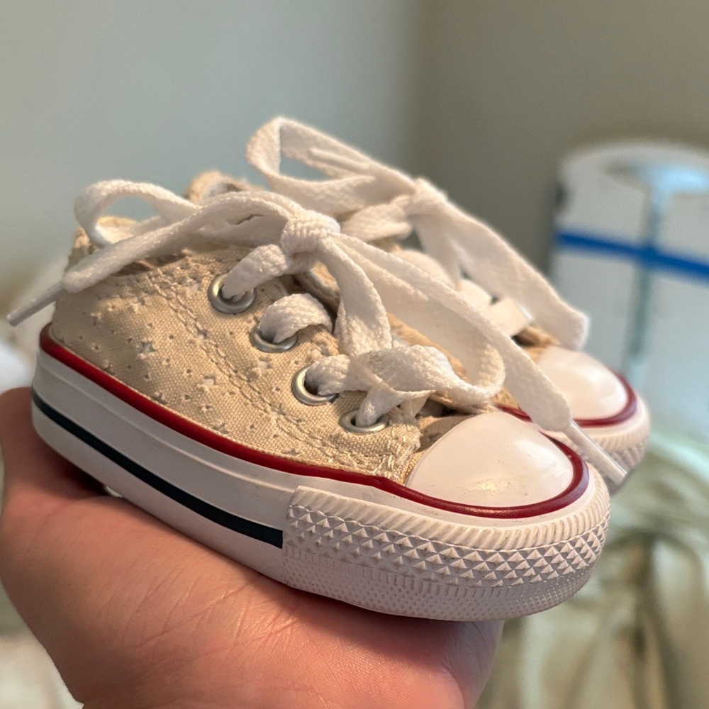 Toddler Canvas Lace-Up Shoes in Cream with Red Trim